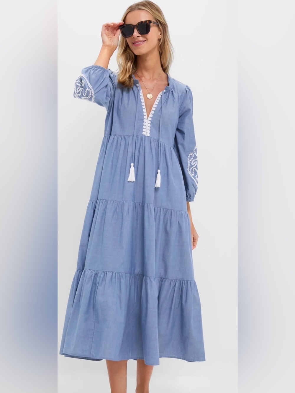 Tuckernuck Embroidered Chambray Long Sleeve Salty Paloma Caftan Sz M embroidery